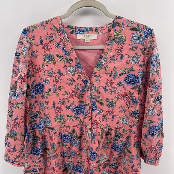 LOFT floral print V-neck 1/2 button up long sleeve tiered eyelet hem dress sz 14 - Picture 2 of 9